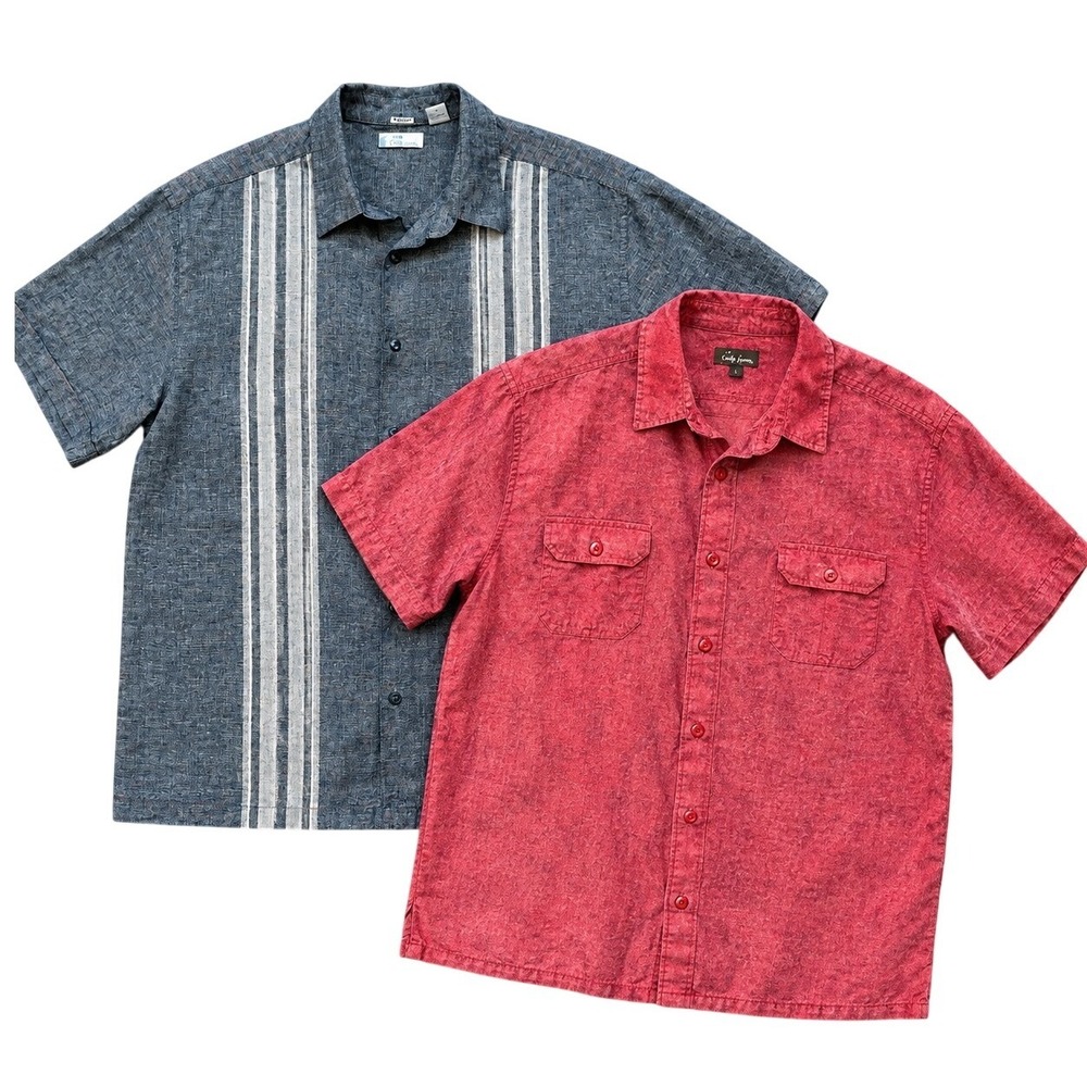 Cafe Luna Linen Blend Short Sleeve Button Down Shirt Lot of 2 XL Red Grey Stripe